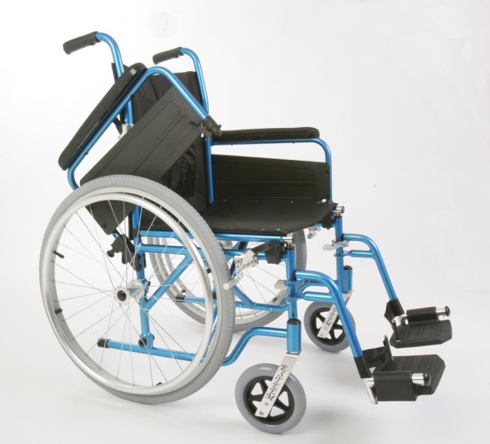 ESTEEM TRANSIT ALU WHEELCHAIR WITH ATTENDANT BRAKES & FLIP UP ARMS, ICE BLUE